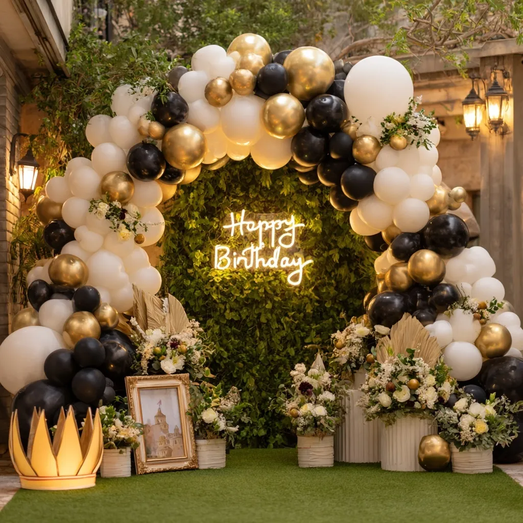 Luxury birthday party backdrop with black, white, and gold balloons, floral arrangements, and a golden crown.