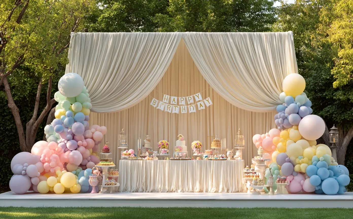 Grand outdoor 3rd birthday party setup with a 12ft ivory backdrop, pastel balloons, and a decorated cake table.