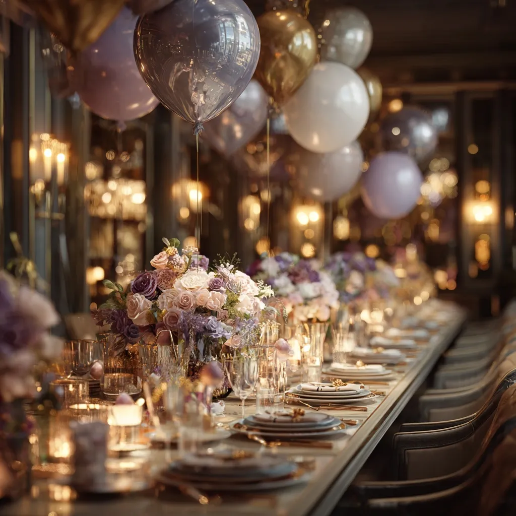 A luxurious restaurant birthday table setting with elegant floral arrangements, candles, and balloons.