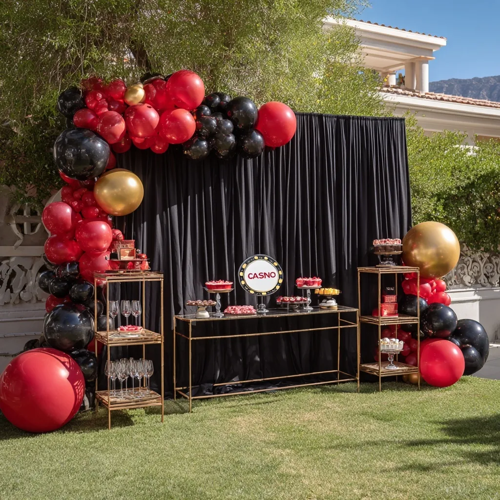 Luxury casino-themed birthday party setup with red, black, and gold balloons on a sunny hotel garden lawn.