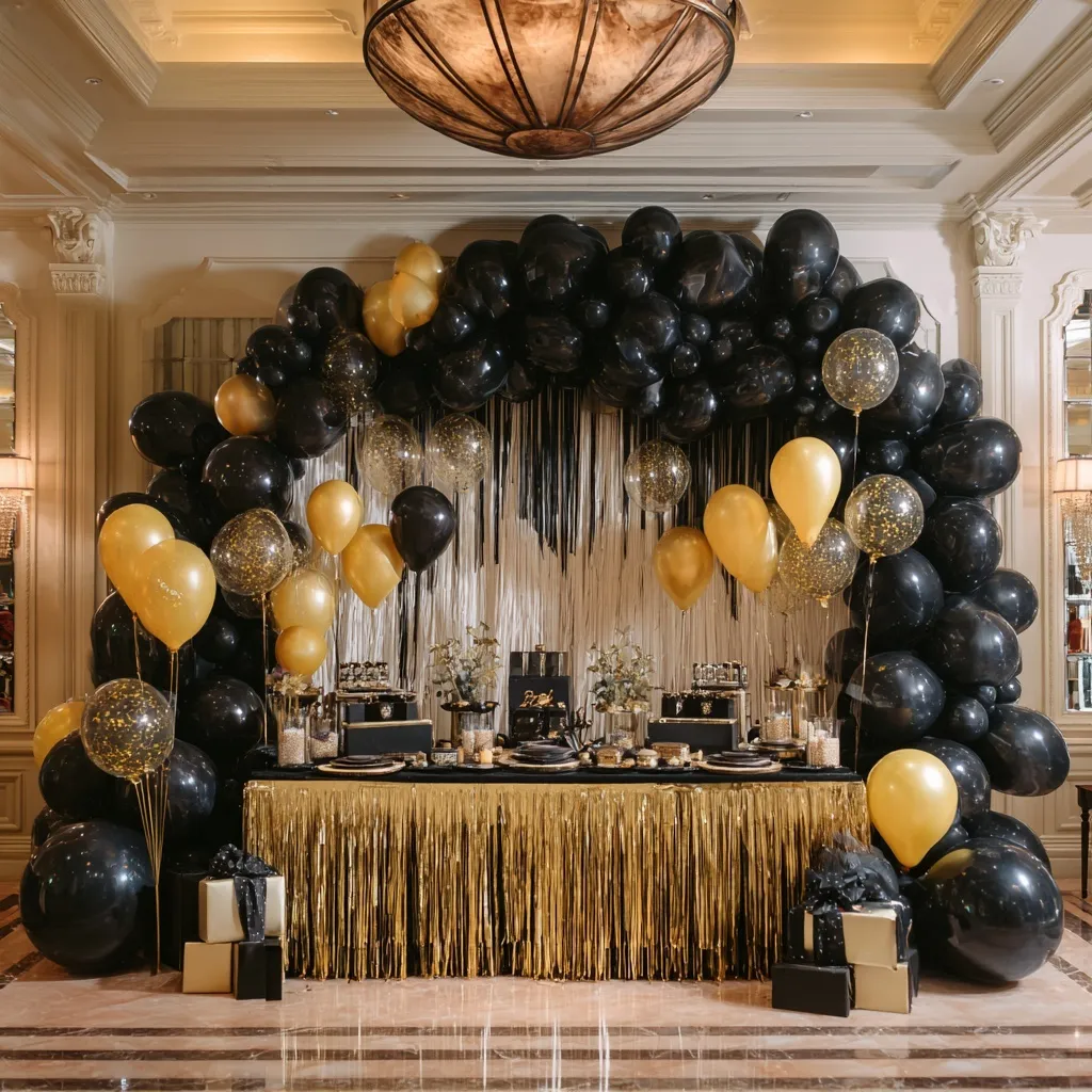 Elegant black and gold birthday party decor with a balloon arch and gifts in a luxury mansion setting.