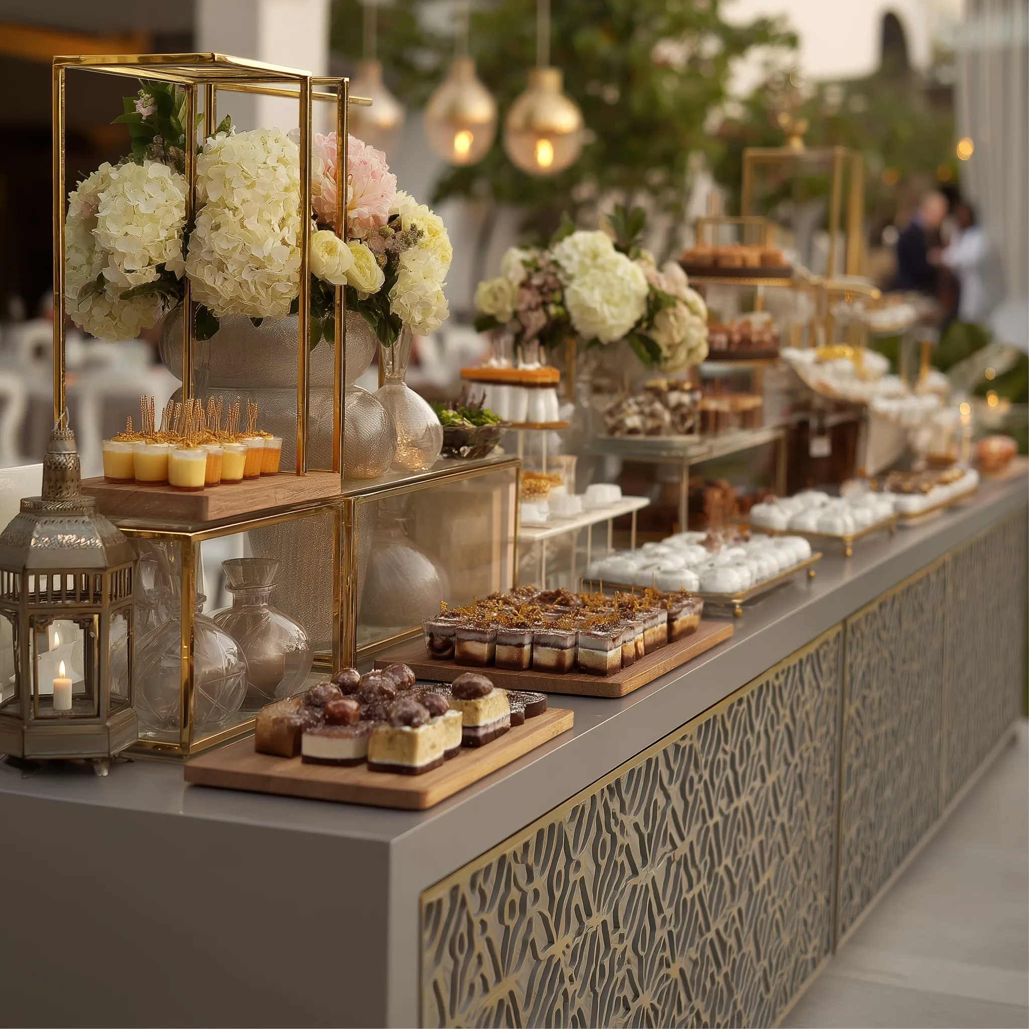 Luxury outdoor dessert bar with grey and gold shelving, white plates, and elegant lighting for a birthday party.