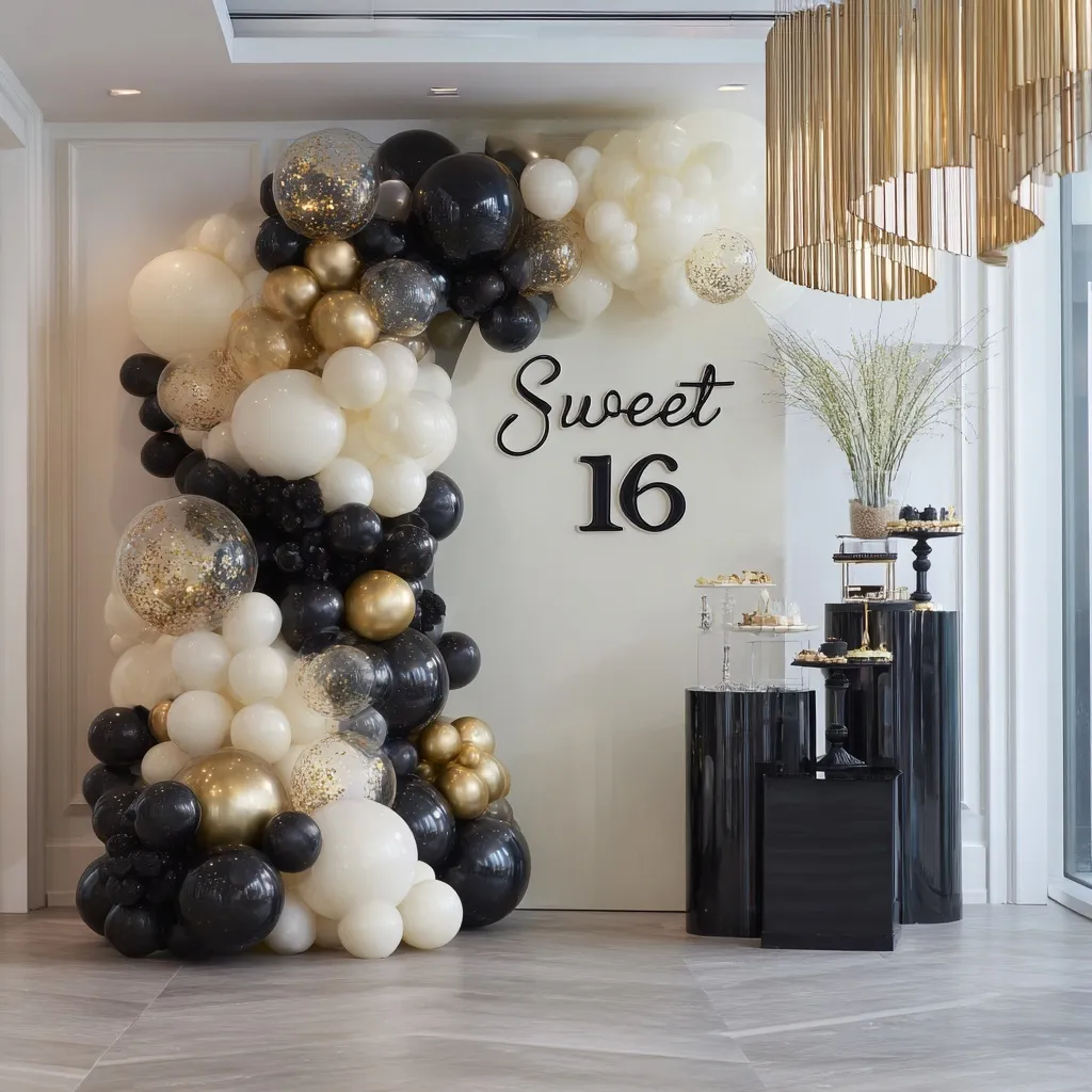 Luxury Sweet 16 birthday decor with black, white, and gold balloons, chic lettering, and elegant party setup.