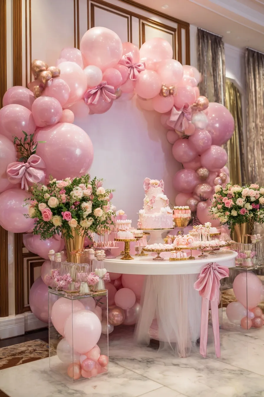 Elegant pink bow-themed baby welcoming party with luxury balloon backdrop, desserts, and refined event decor.