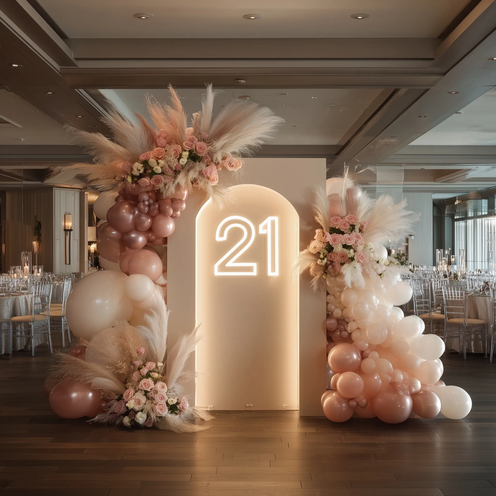 Luxury 21st birthday party backdrop with beige arch, neon sign, and rose gold balloon garland in an elegant venue.