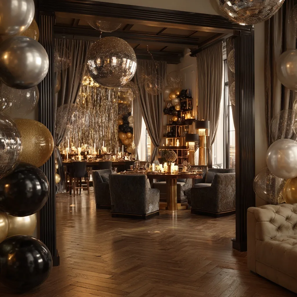 Luxury birthday party room decorated for a New Year’s Eve celebration with elegant gold and black festive decor.