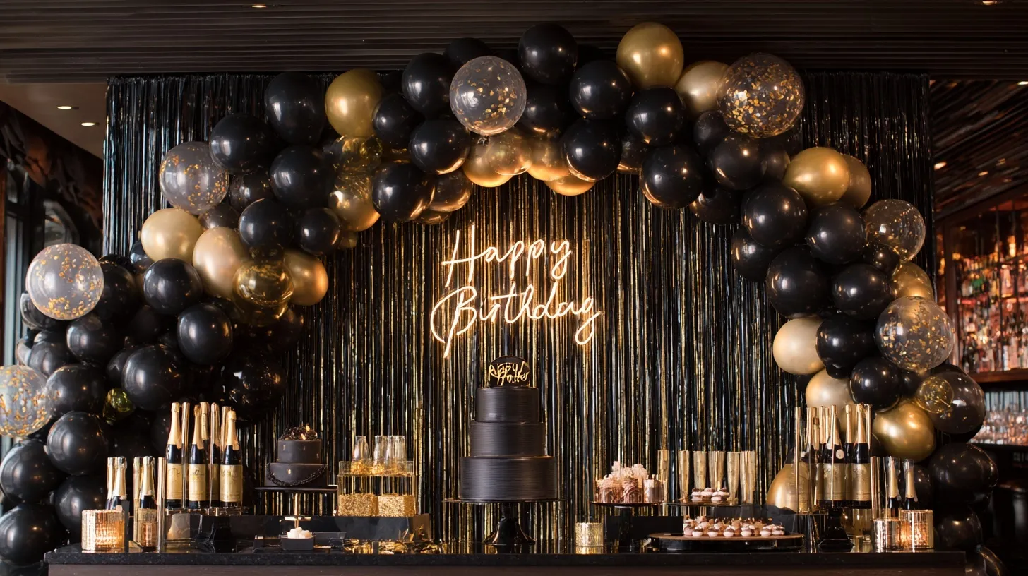 Luxury birthday party setup with a black and gold balloon arch, shimmer wall, and elegant dessert bar.