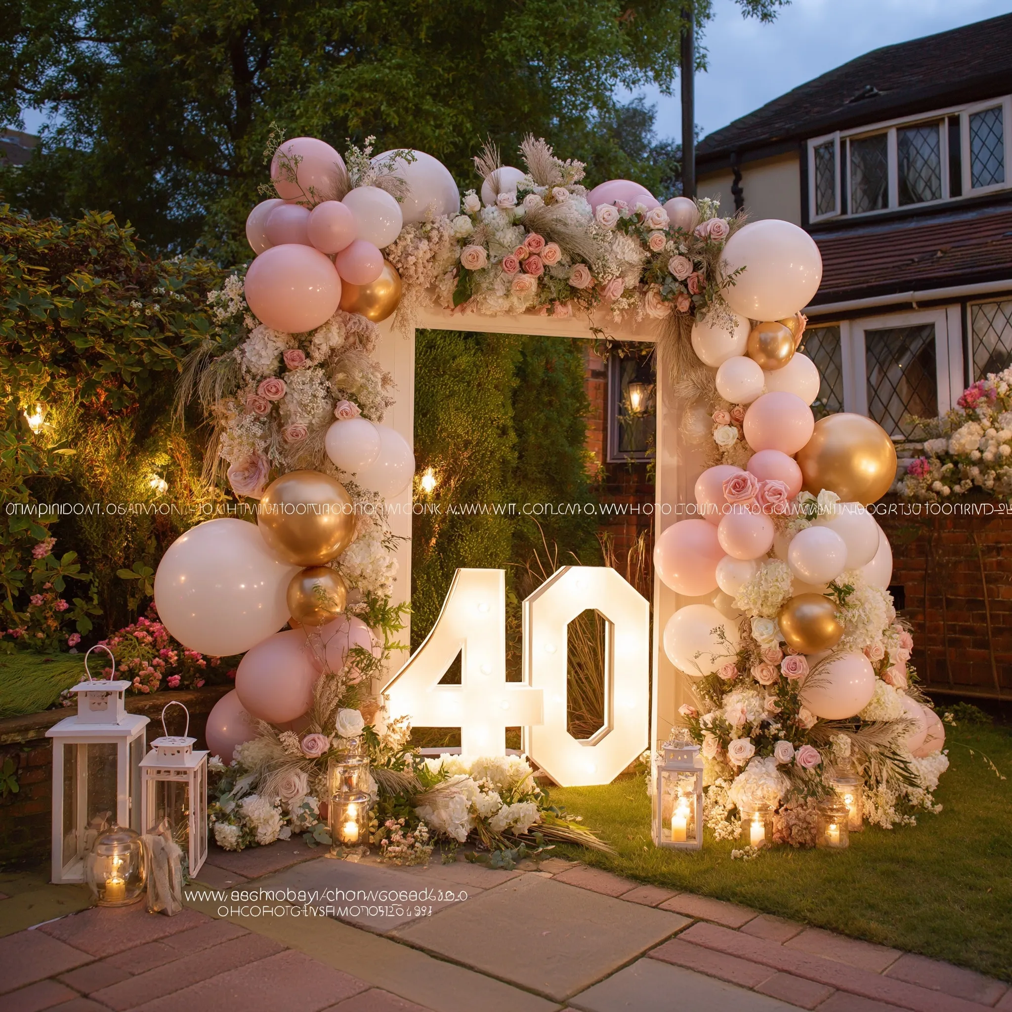 Luxury 40th birthday garden party with pastel pink, white, and gold balloons and a large floral number 40 backdrop.