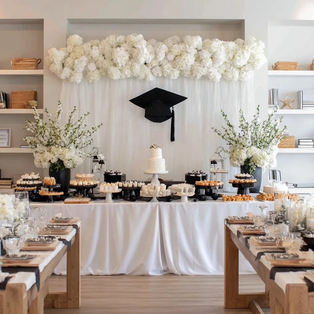 Elegant luxury graduation party setup with white flowers, gourmet desserts, and a graduation cap wall backdrop.