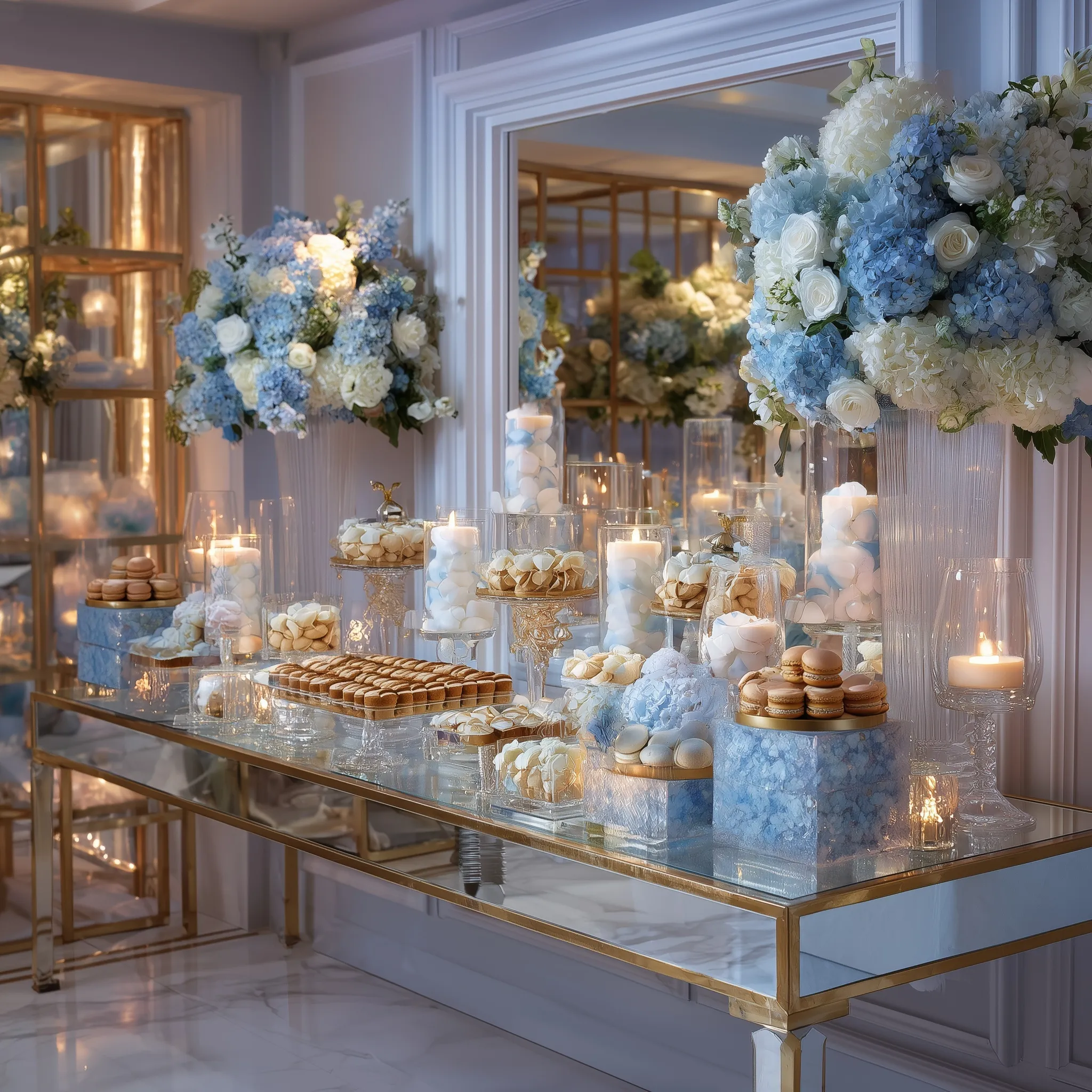 Luxury baby shower dessert table with gold risers, white roses, and blue hydrangeas in an upscale ballroom setting.