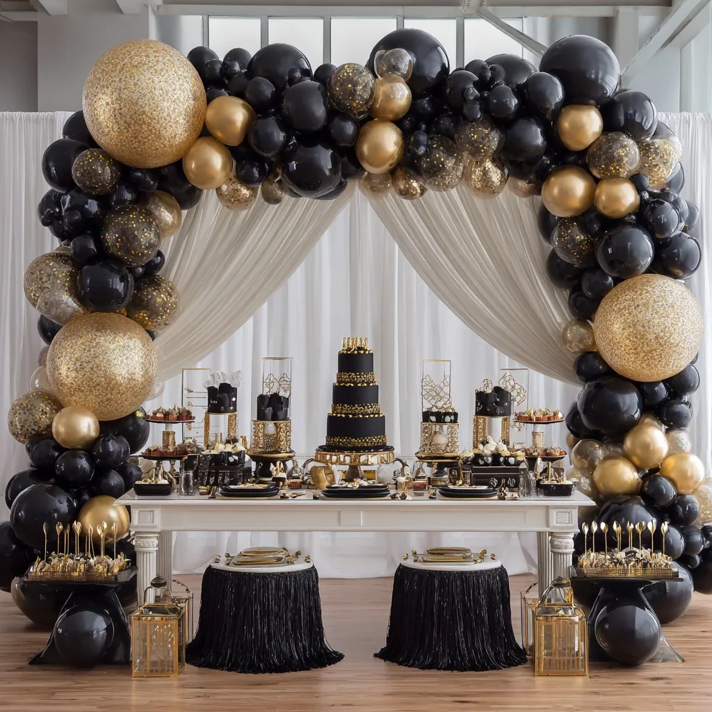 Luxurious black and gold birthday party setup featuring balloon arches, a tiered cake, and elegant dessert table.