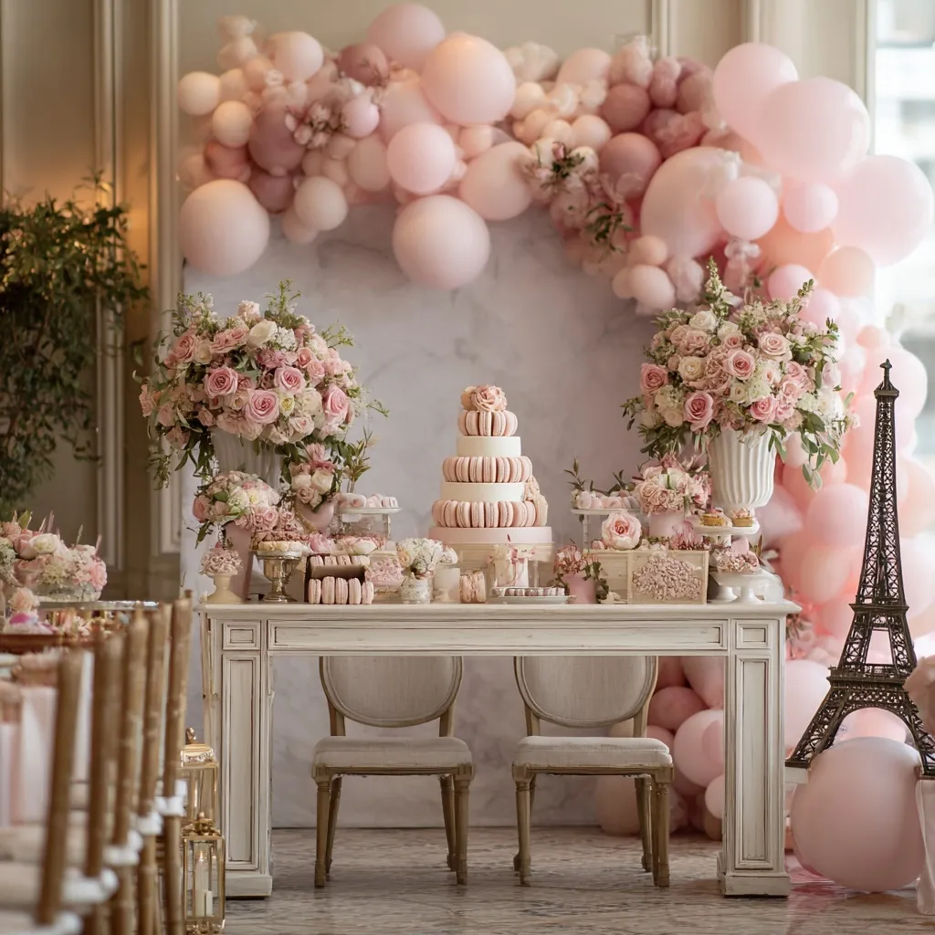 Elegant Parisian-themed baby shower decor with chic French accents and sophisticated birthday party styling.