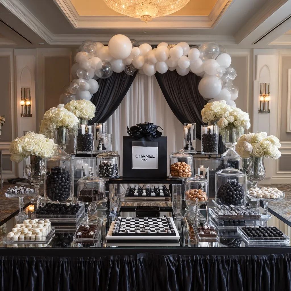 Luxury black and white candy table with designer decor, balloons, and chessboard in an elegant ballroom setting.