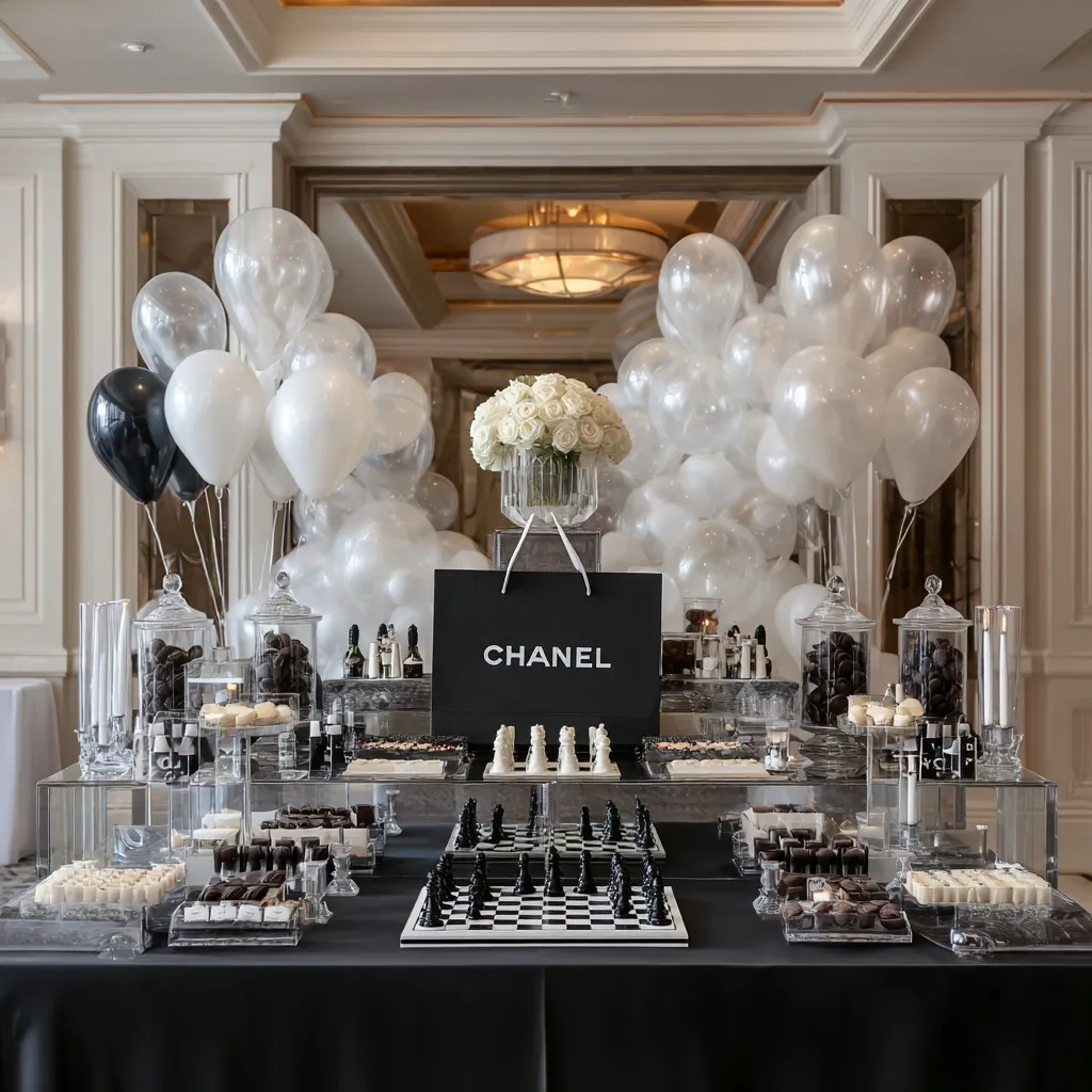 A luxury black and white birthday candy table in an elegant ballroom with designer decor and chess-themed accents.