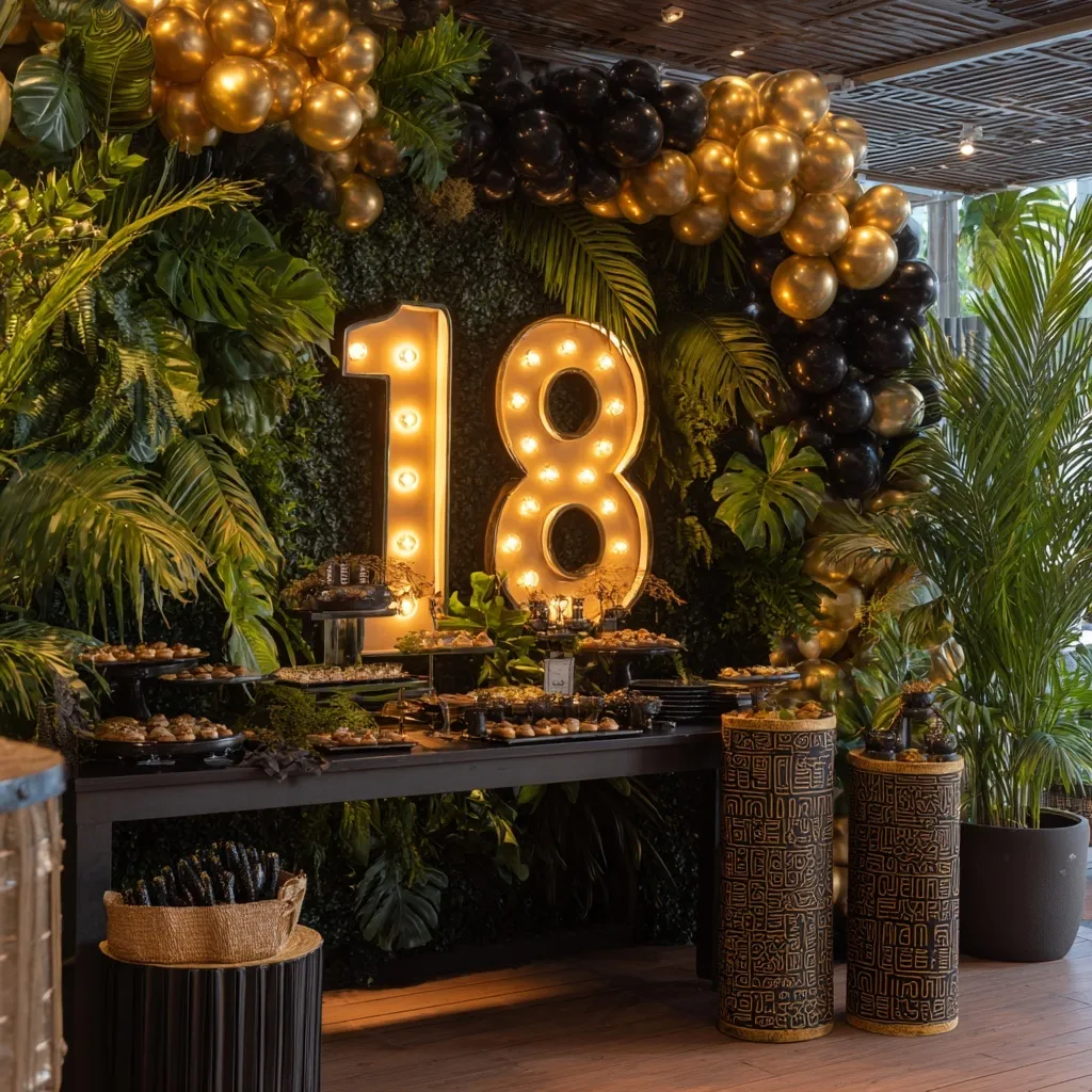 Luxury 18th birthday poolside backdrop with black and gold decor, balloon arch, marquee numbers, and confetti burst.