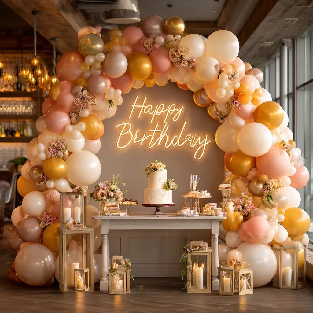 Pastel balloon garland over an elegant luxury birthday dessert table with a two-tiered cake and gold accents.