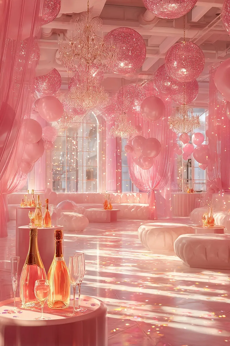 Luxurious pink birthday party venue with sparkling chandeliers, floating balloons, champagne, and shimmering confetti.