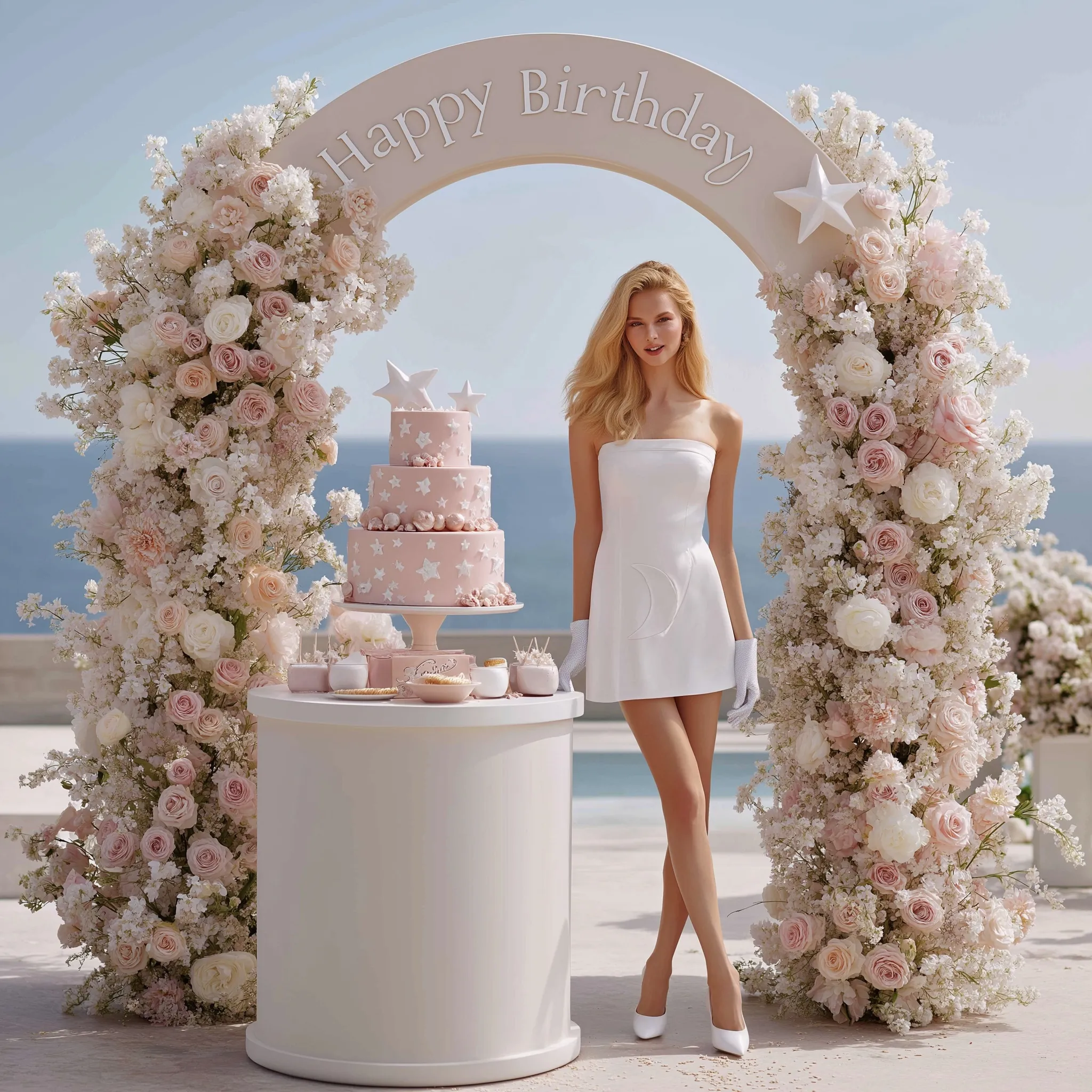 Blonde woman in a white dress posing at a luxury floral birthday arch with a tiered cake in an outdoor setting.
