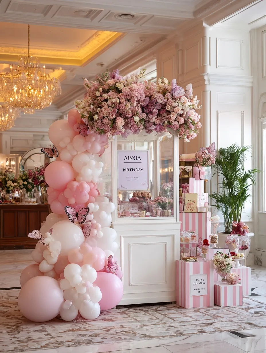 Luxury birthday party setup with pastel balloons, butterfly floral arrangements, and a personalized sign for Anna.