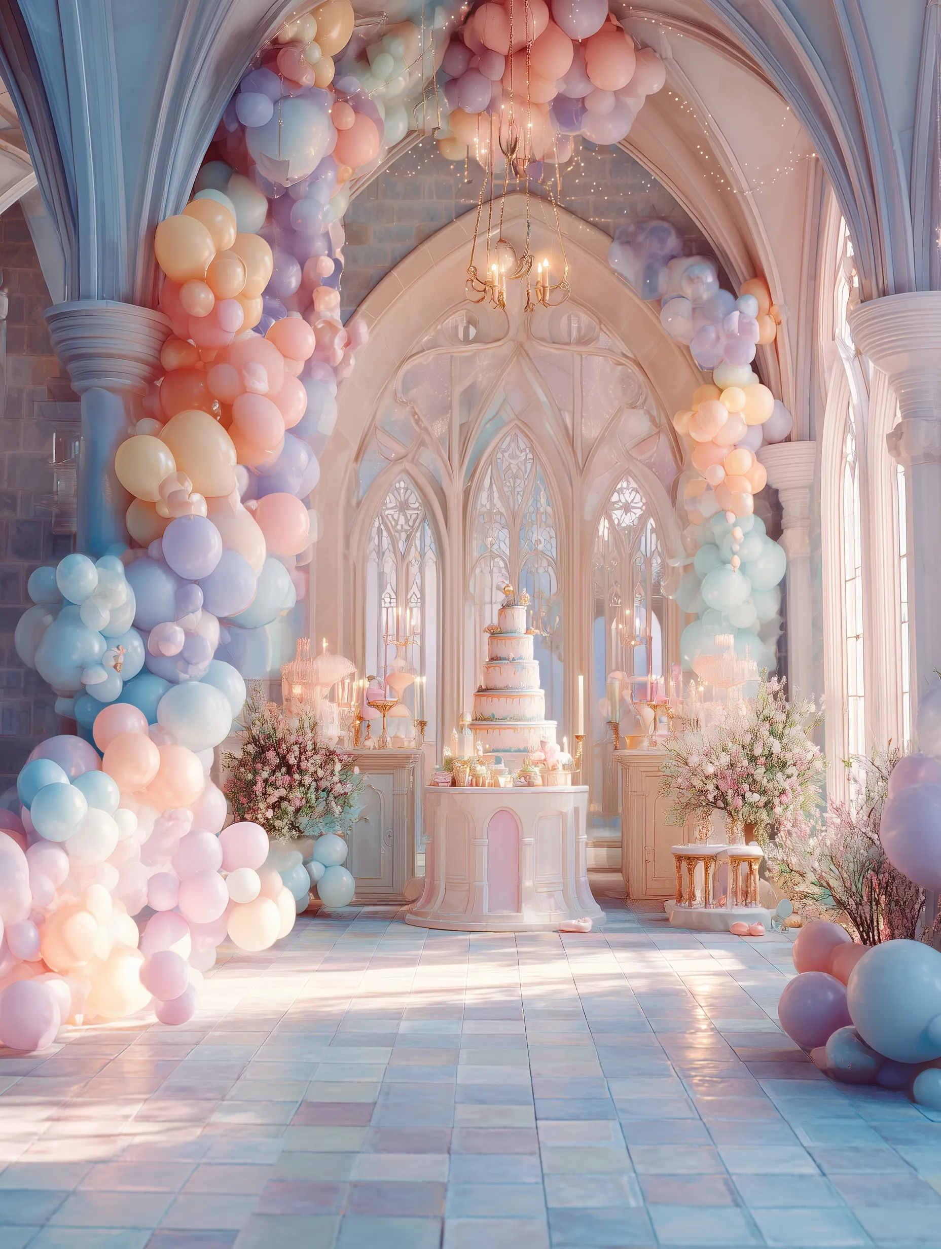 A whimsical, luxury birthday party scene inside a fairytale castle with pastel balloons and a large cake.
