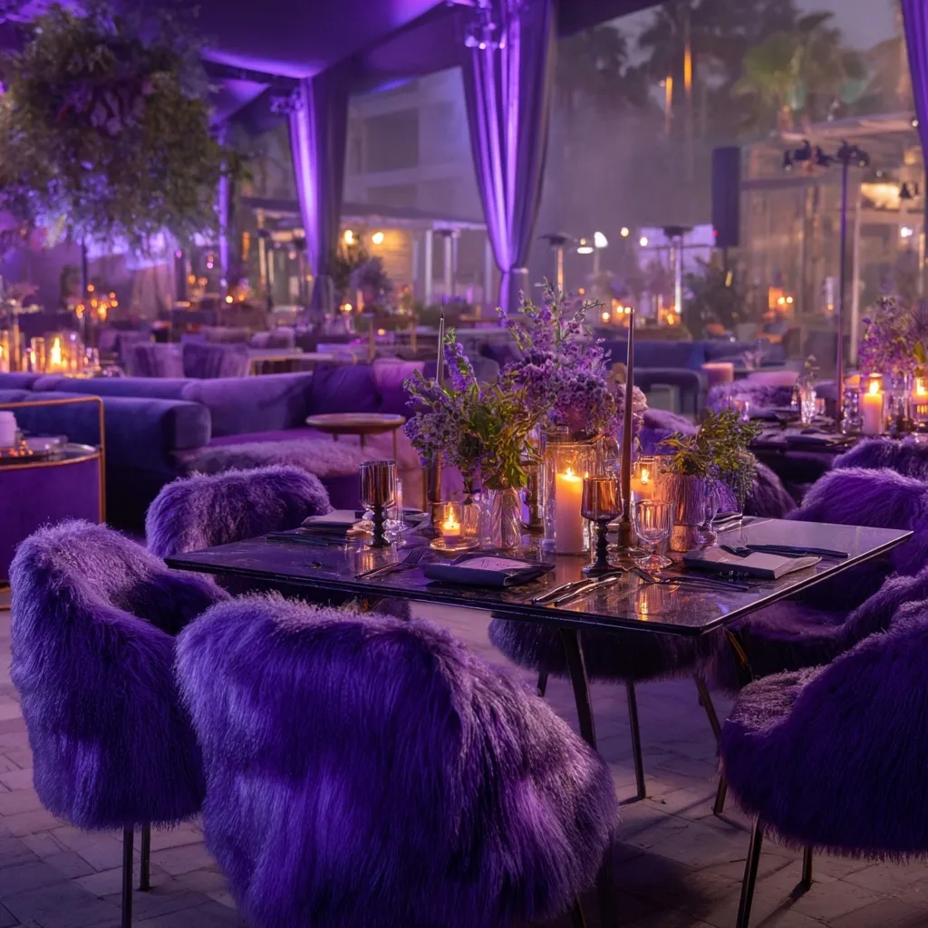 A glamorous luxury birthday dinner party with velvet purple chairs, glowing ambient lighting, and elegant decor.