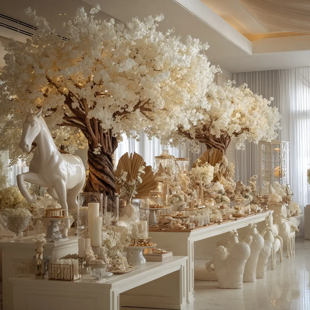 Elegant cream-themed baptism party with sophisticated decor, decorative trees, and white horse and giraffe statues.