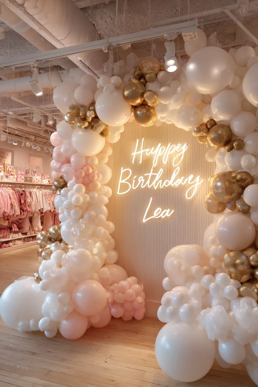 Elegant white and gold balloon wall with birthday signage in a decorated luxury boutique for a romantic celebration.