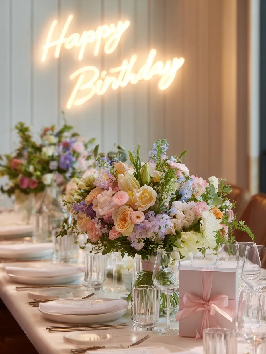 Luxury birthday party setup with neon Happy Birthday sign, floral decor, and elegant tableware in a Seoul studio.