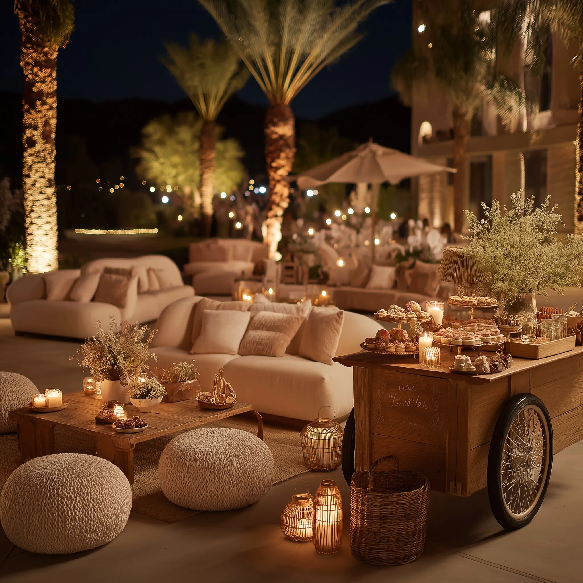 Luxury outdoor birthday lounge in a desert garden at night with soft ambient lighting, elegant seating, and sweets.