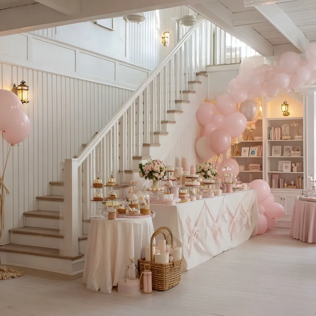 A luxury girly birthday party room featuring an elegant white staircase and a decorated snack and cake bar.