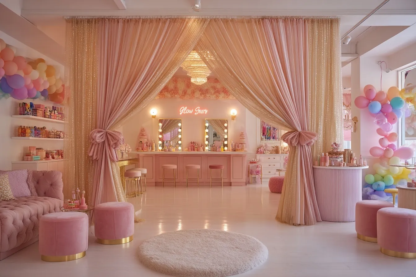Luxurious children’s birthday party studio featuring a pink beauty zone and a colorful craft and dessert area.