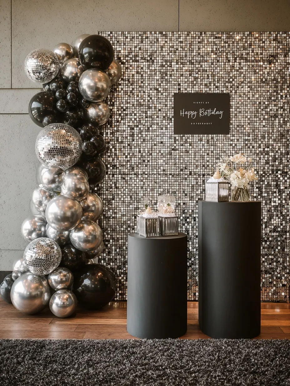 Elegant black and silver birthday party decor with a balloon garland, disco ball backdrop, and modern candy table.