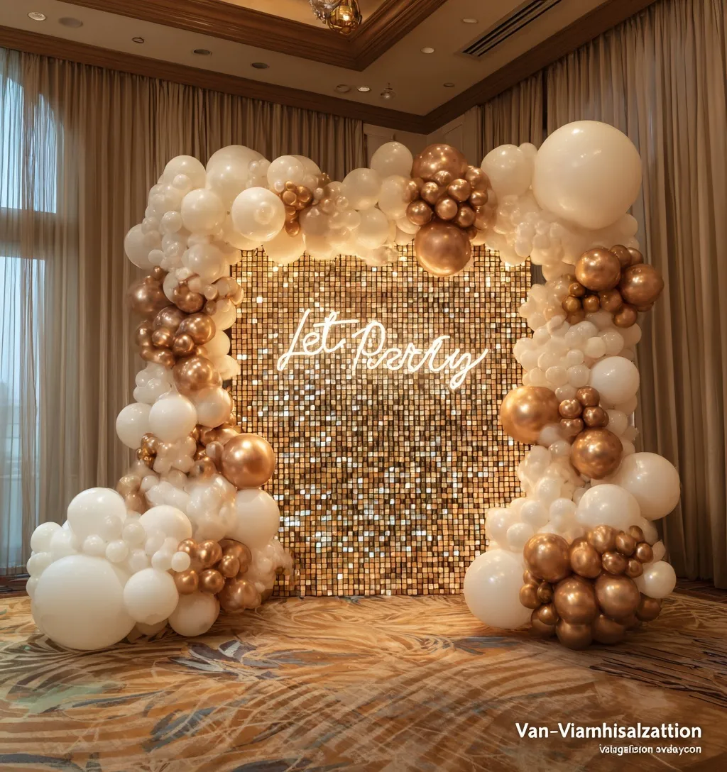 Elegant gold and white balloon garland with a Let's Party sign and illuminated sequin backdrop for a luxury event.