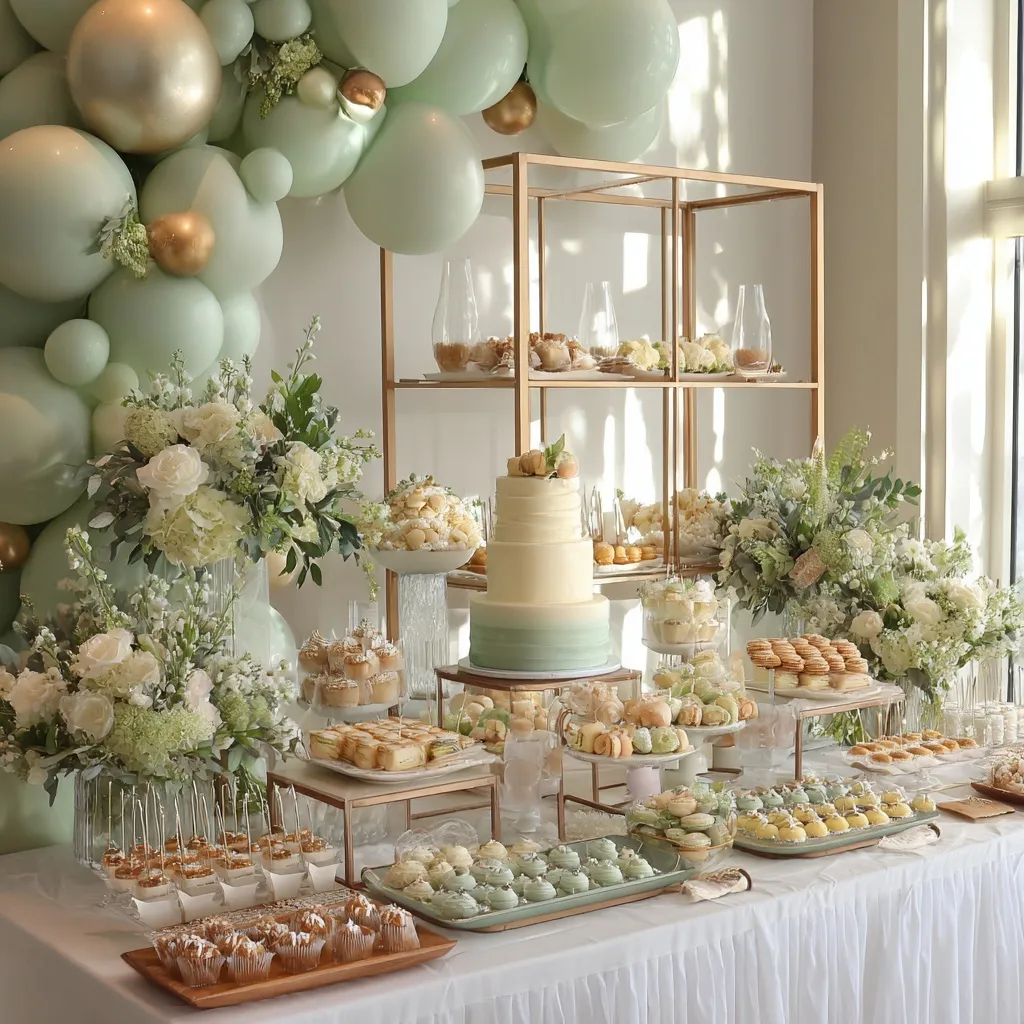 A luxury baby shower dessert table featuring elegant sage green, cream, and gold treats and decor.