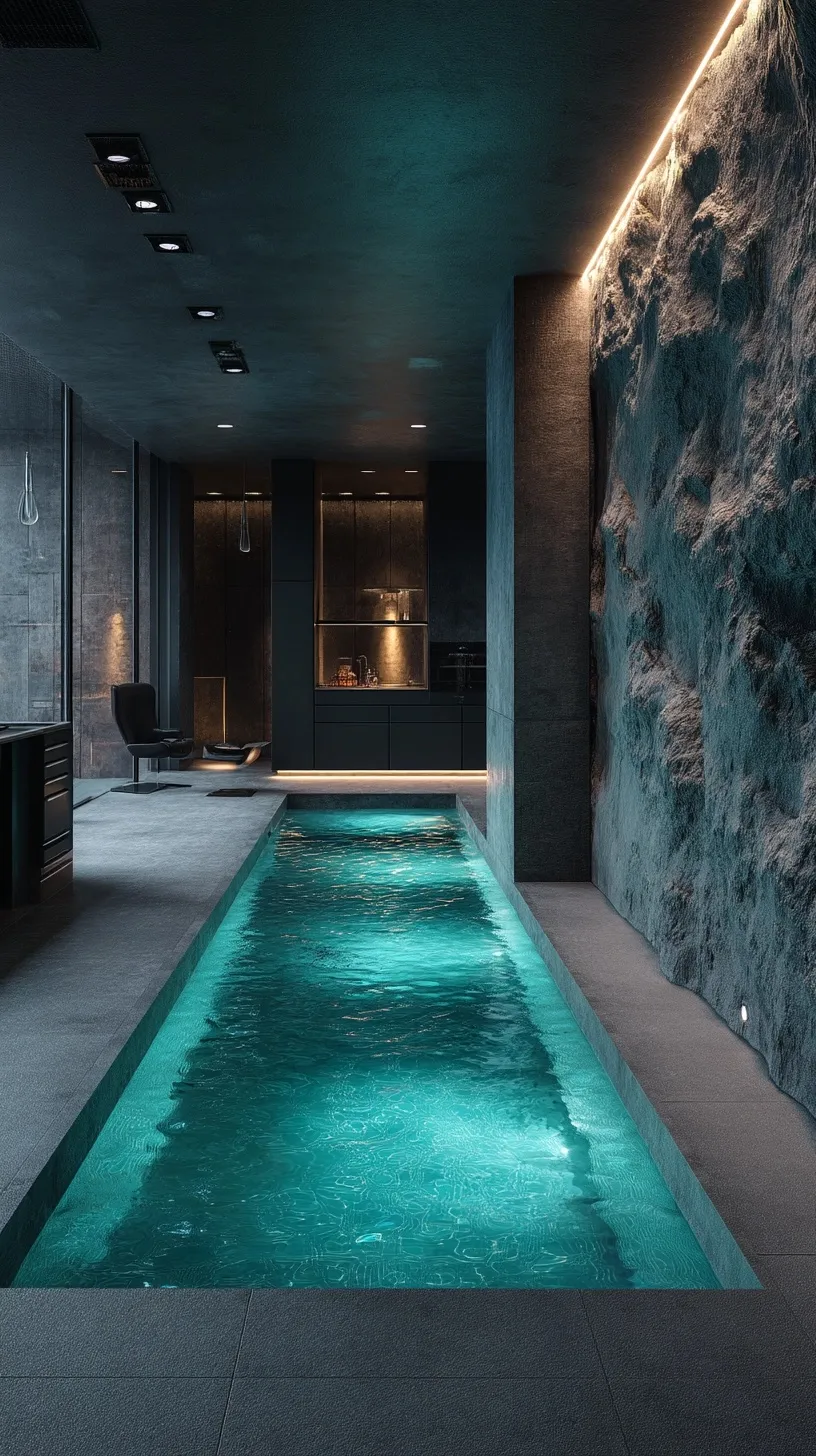 Modern luxury indoor spa pool in a stone bunker with elegant stone relief walls and dramatic illuminated blue water.