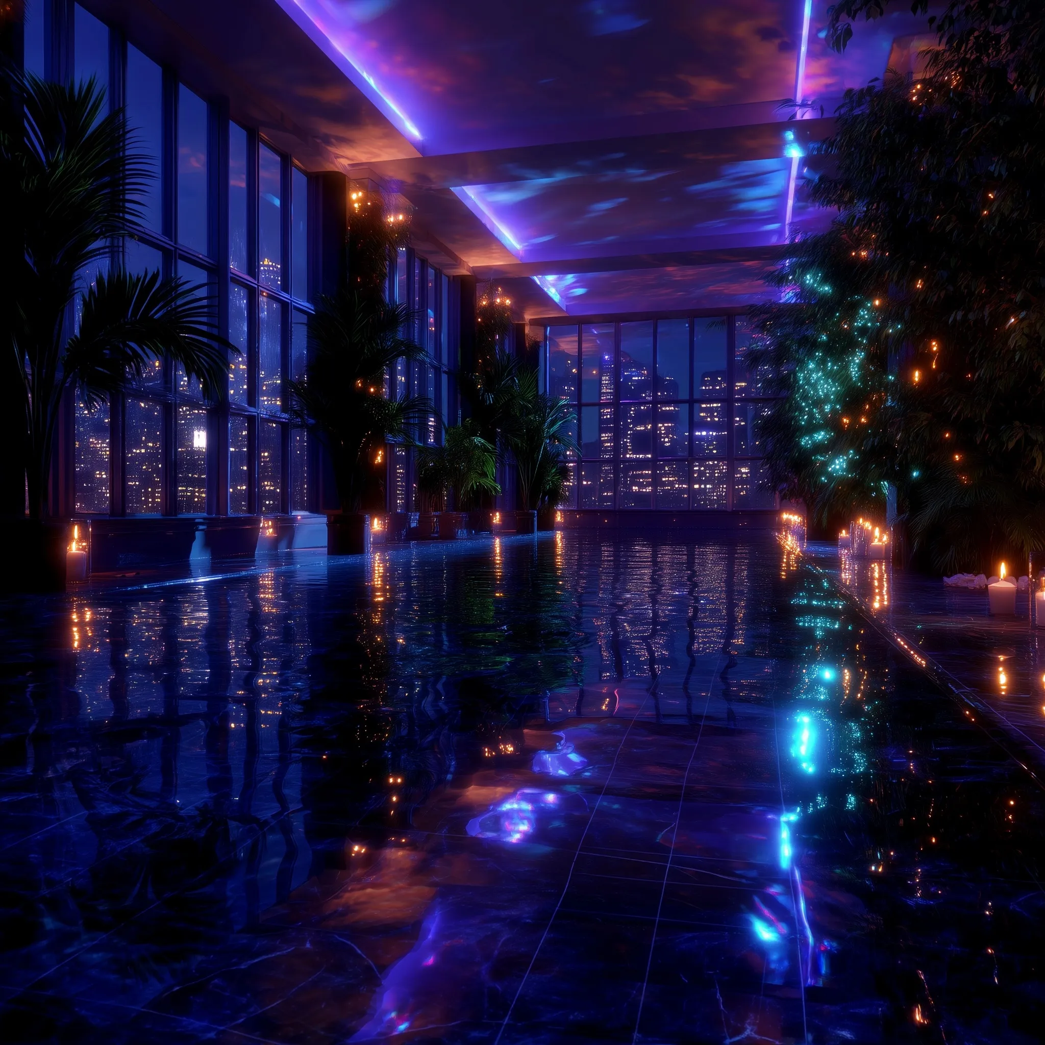 Luxury 1980s indoor pool spa featuring a night skyline view, lounge area, and lush plants in a sapphire palette.