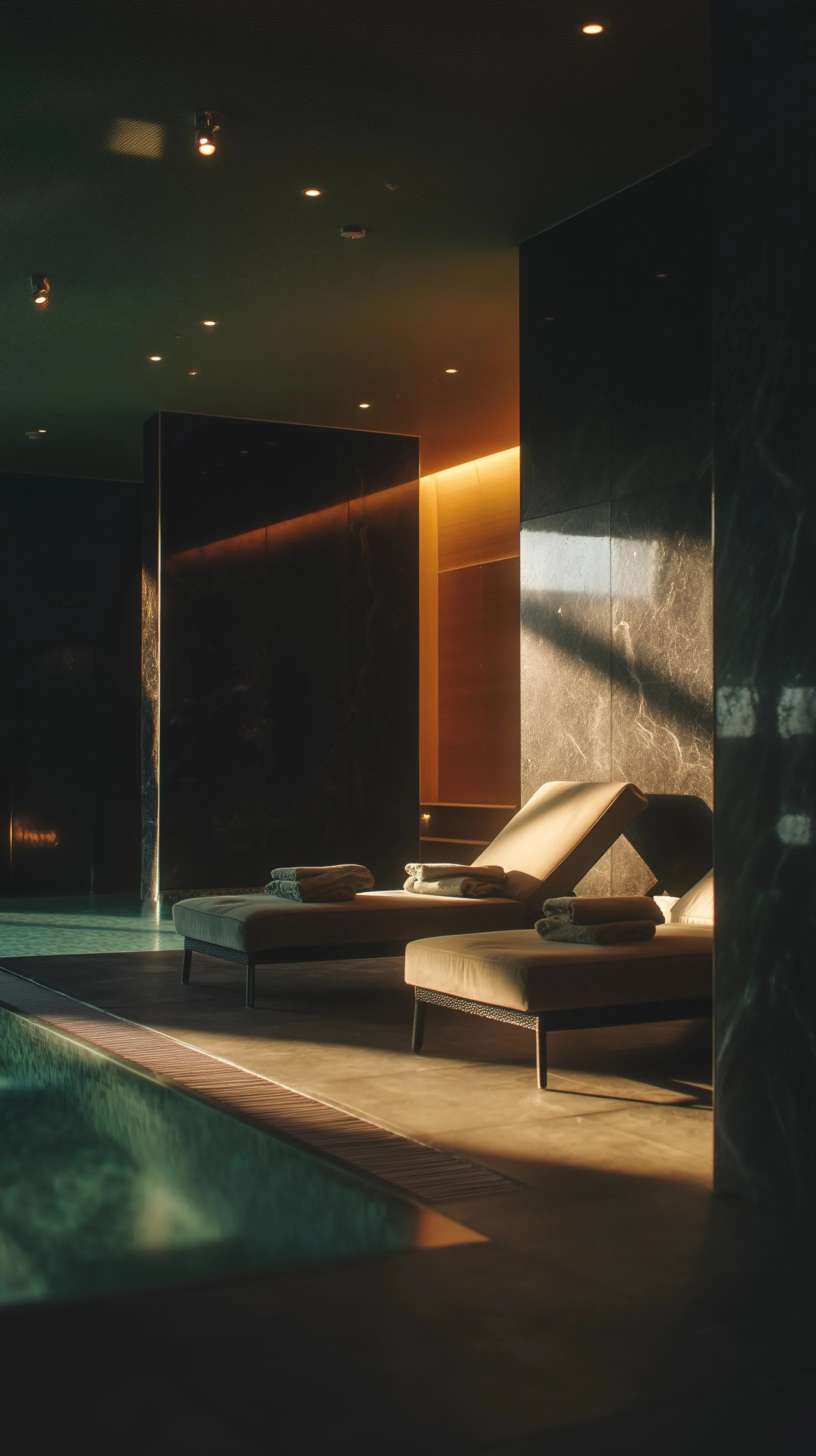 Luxurious hotel indoor spa pool with dark marble walls, elegant lounge seating, and warm ambient sunset lighting.