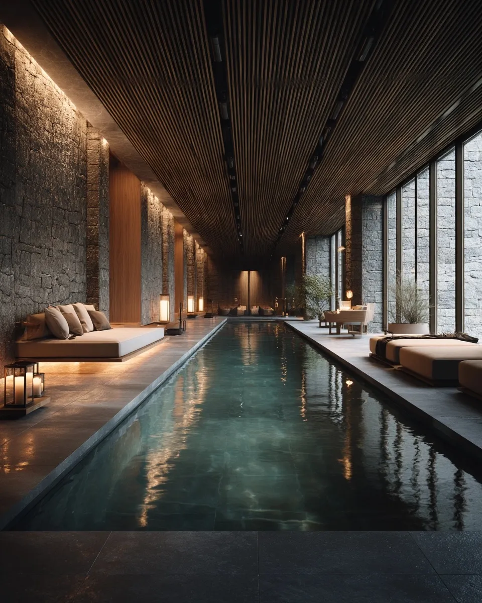 Luxury indoor spa with an infinity pool, natural stone walls, and warm wooden ceiling in a zen Japanese-style home.