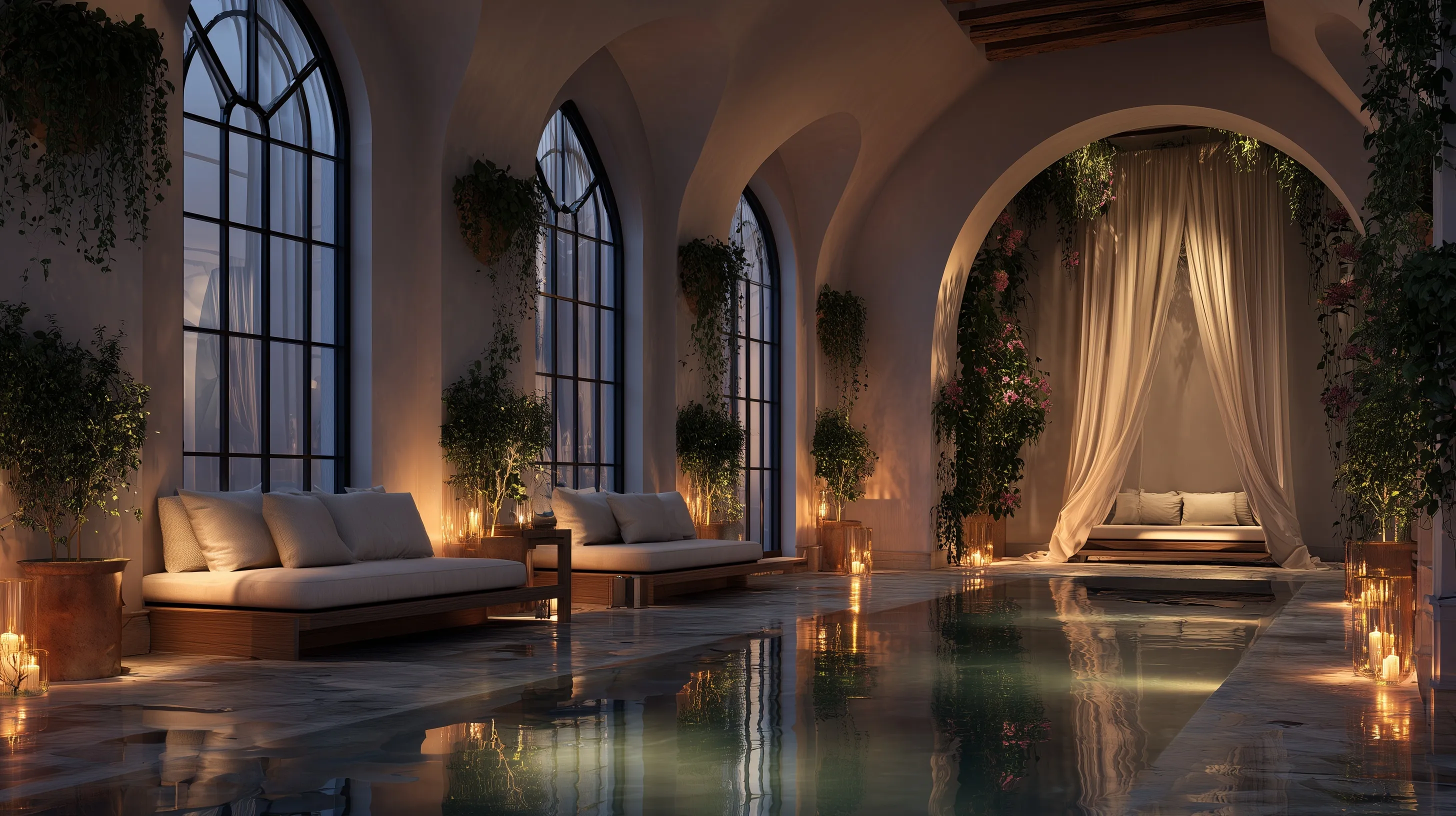 Luxury indoor spa with thermal plunge pool, travertine floors, and lake views in a high-end villa sanctuary.