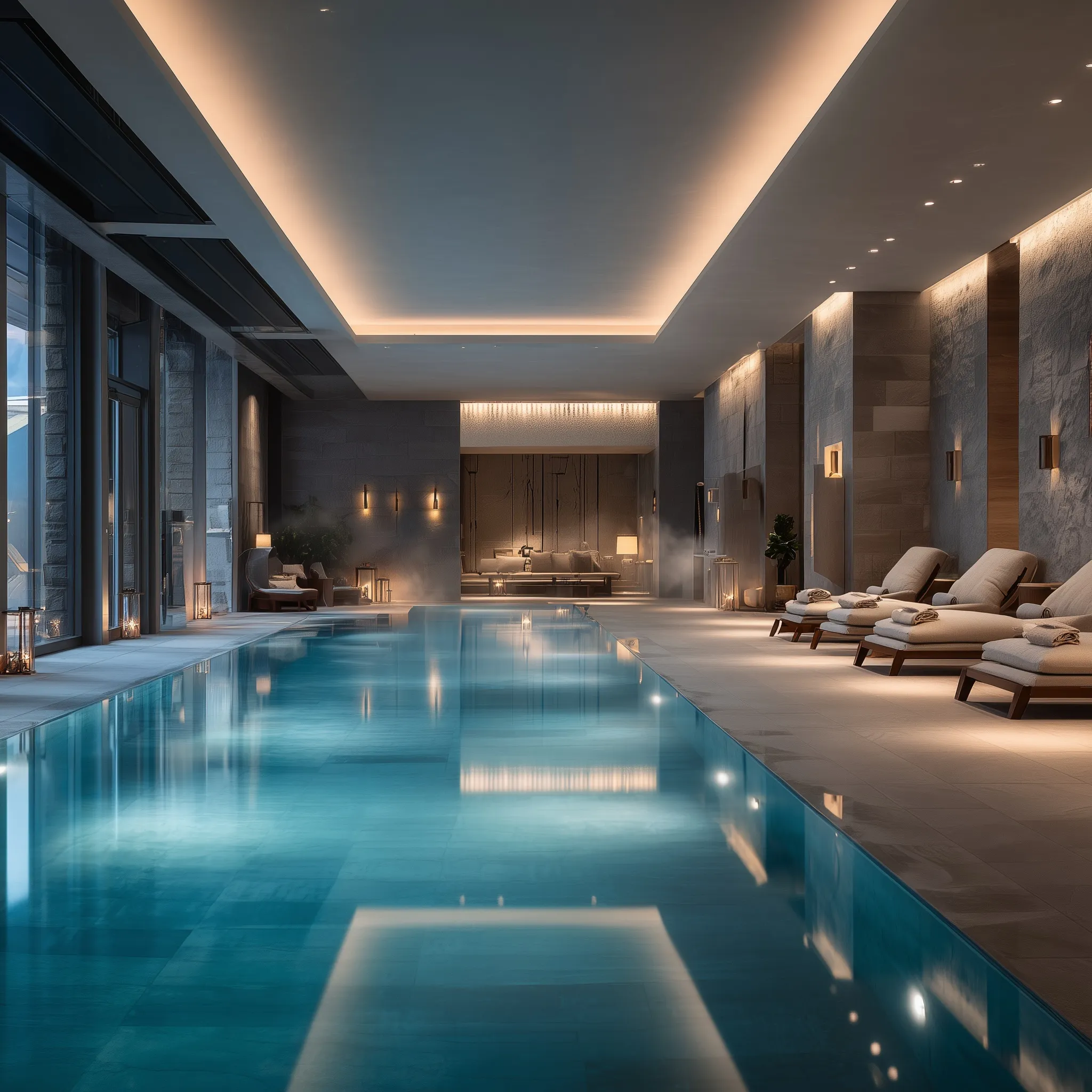 Luxurious indoor hotel spa pool with modern stone design, warm lighting, and serene atmosphere for home inspiration.