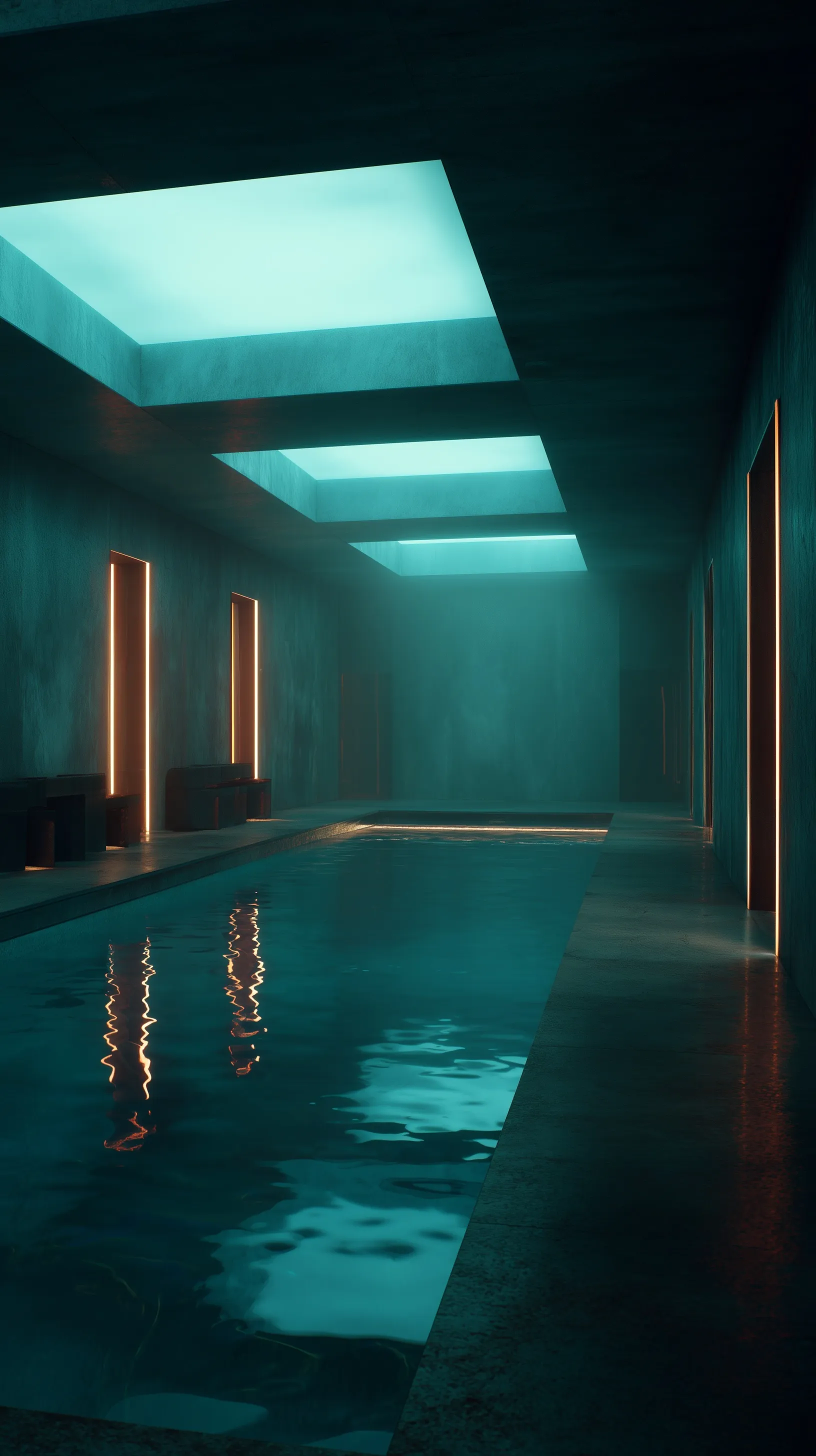 A futuristic luxury indoor pool spa with cinematic James Turrell style lighting and shallow refracting water.
