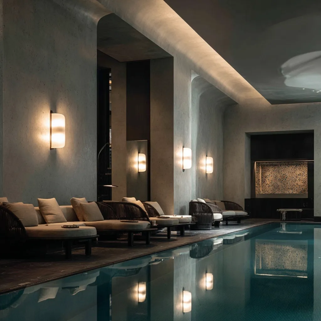 Luxury indoor hotel pool in Milan featuring monochrome design, ambient lighting, and elegant mosaic stone finishes.