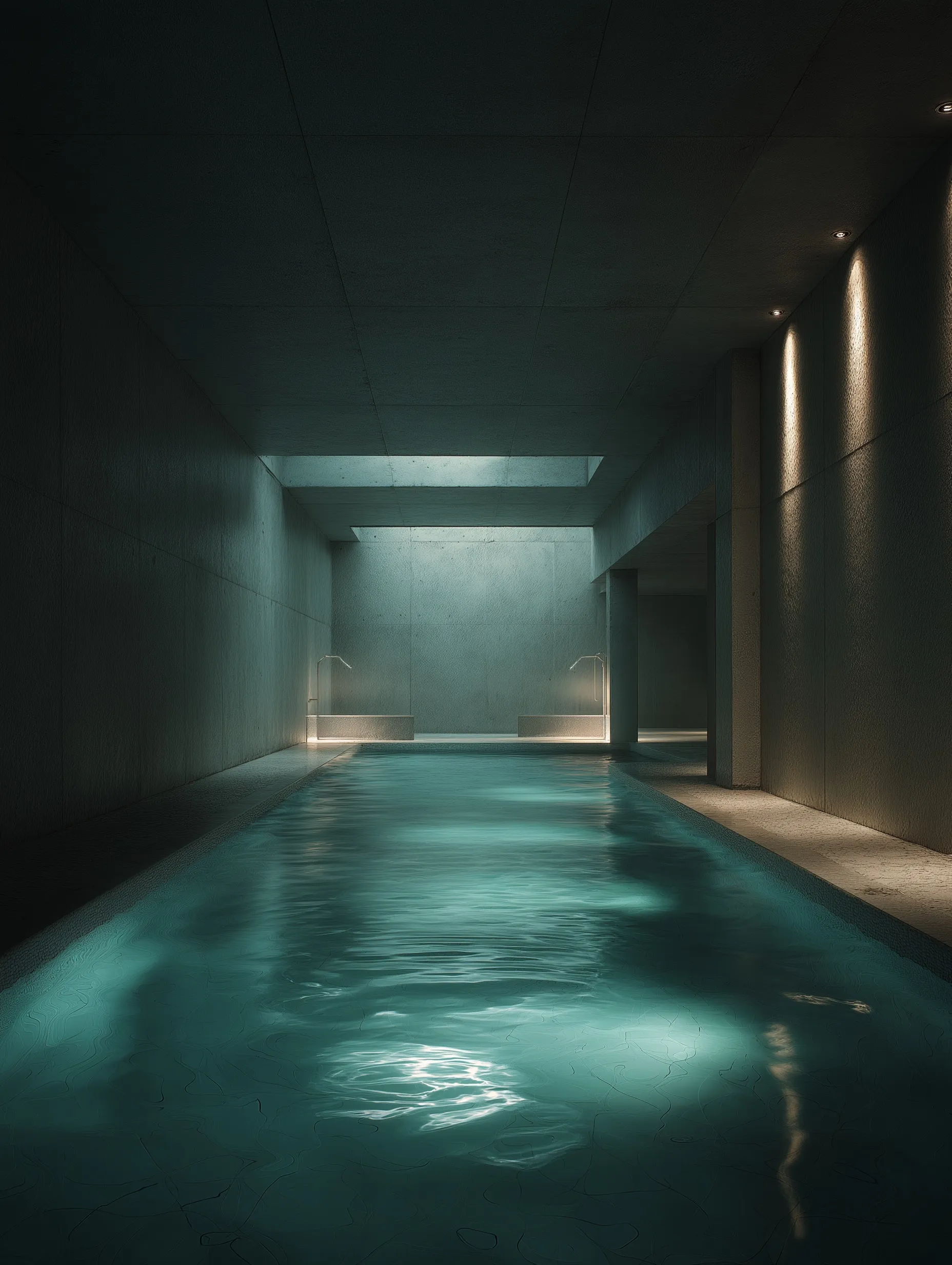 Hyper-realistic indoor underground swimming pool with minimalist concrete walls and dreamy ambient lighting.