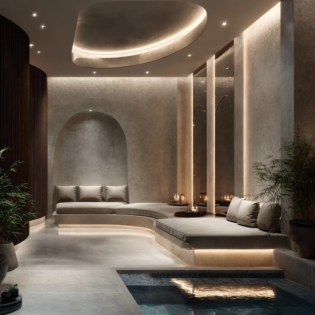 Modern luxury home spa with an indoor cold plunge pool for wellness and relaxation.
