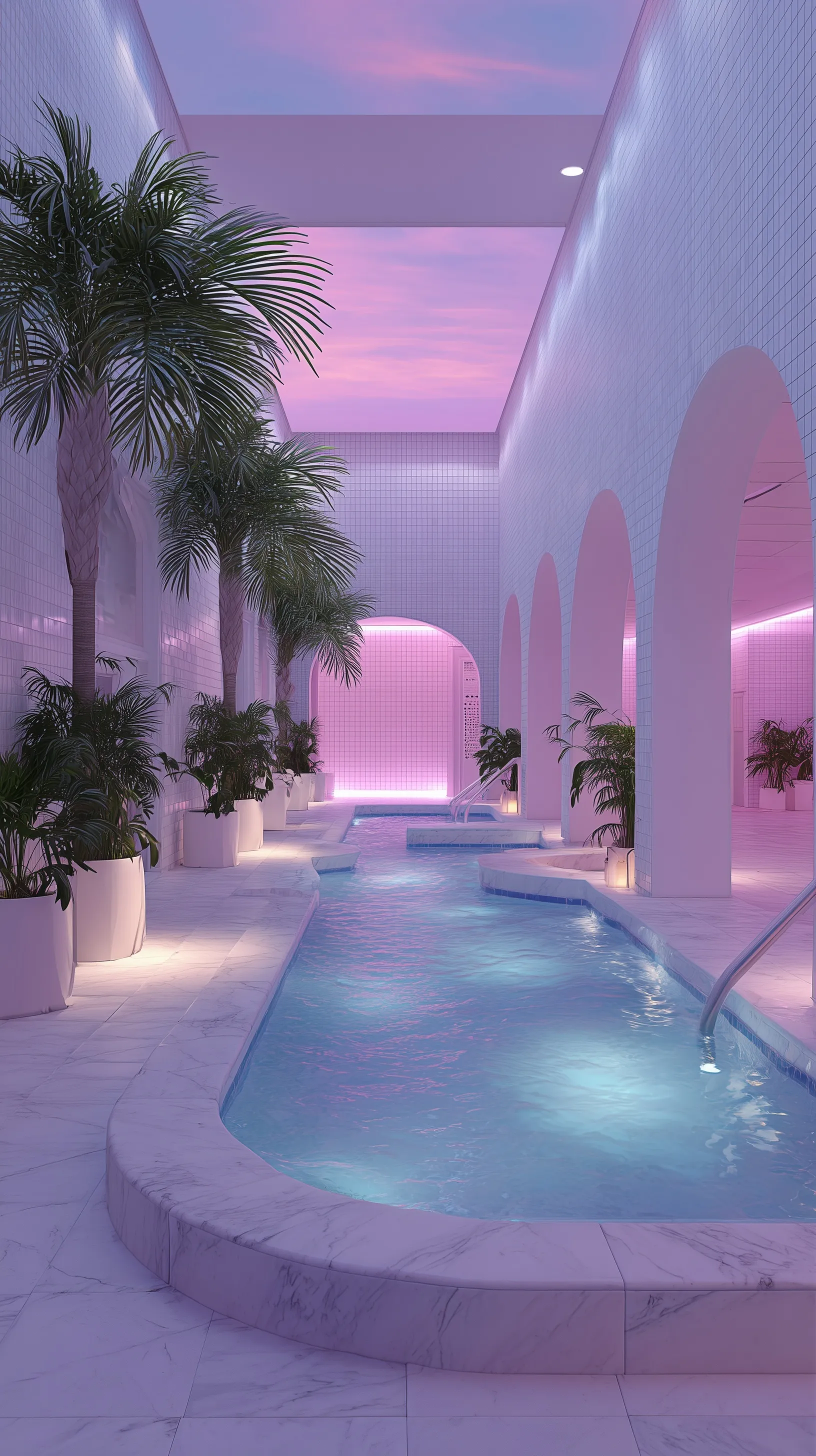 Luxury indoor spa oasis with vibrant vaporwave lighting, perfect for modern home renovation and interior design.