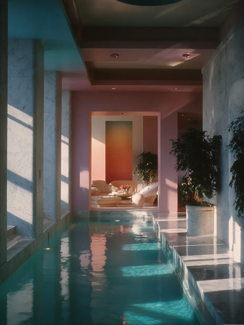 Luxury 1980s Miami penthouse indoor pool designed by Anouska Hempel with colorful vintage decor at twilight.