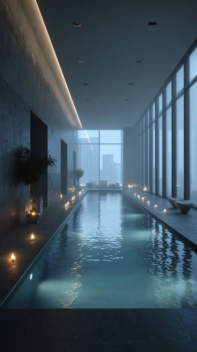 Modern gothic indoor luxury pool with minimalist design, city skyline view, and soft ambient recessed lighting.