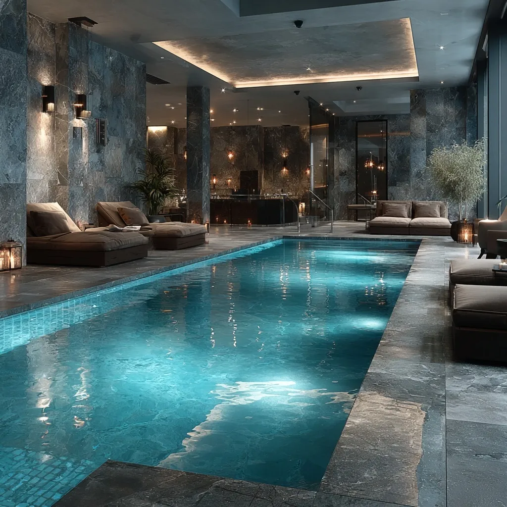 Luxury indoor pool spa with elegant brown tiles, blue water, and relaxing lounge chairs in a modern home design.