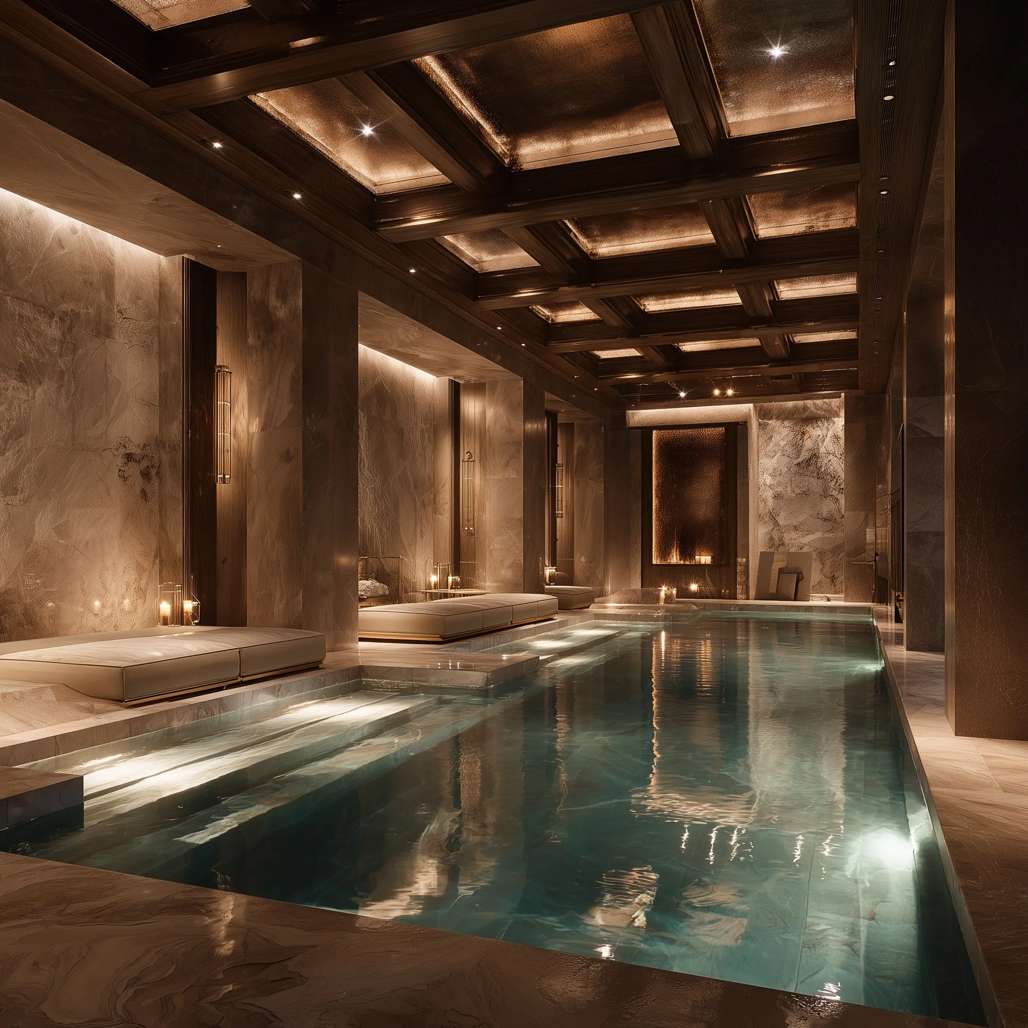 Luxury indoor spa with stone vitality pool, onyx steam room, and elegant travertine design for home renovation.