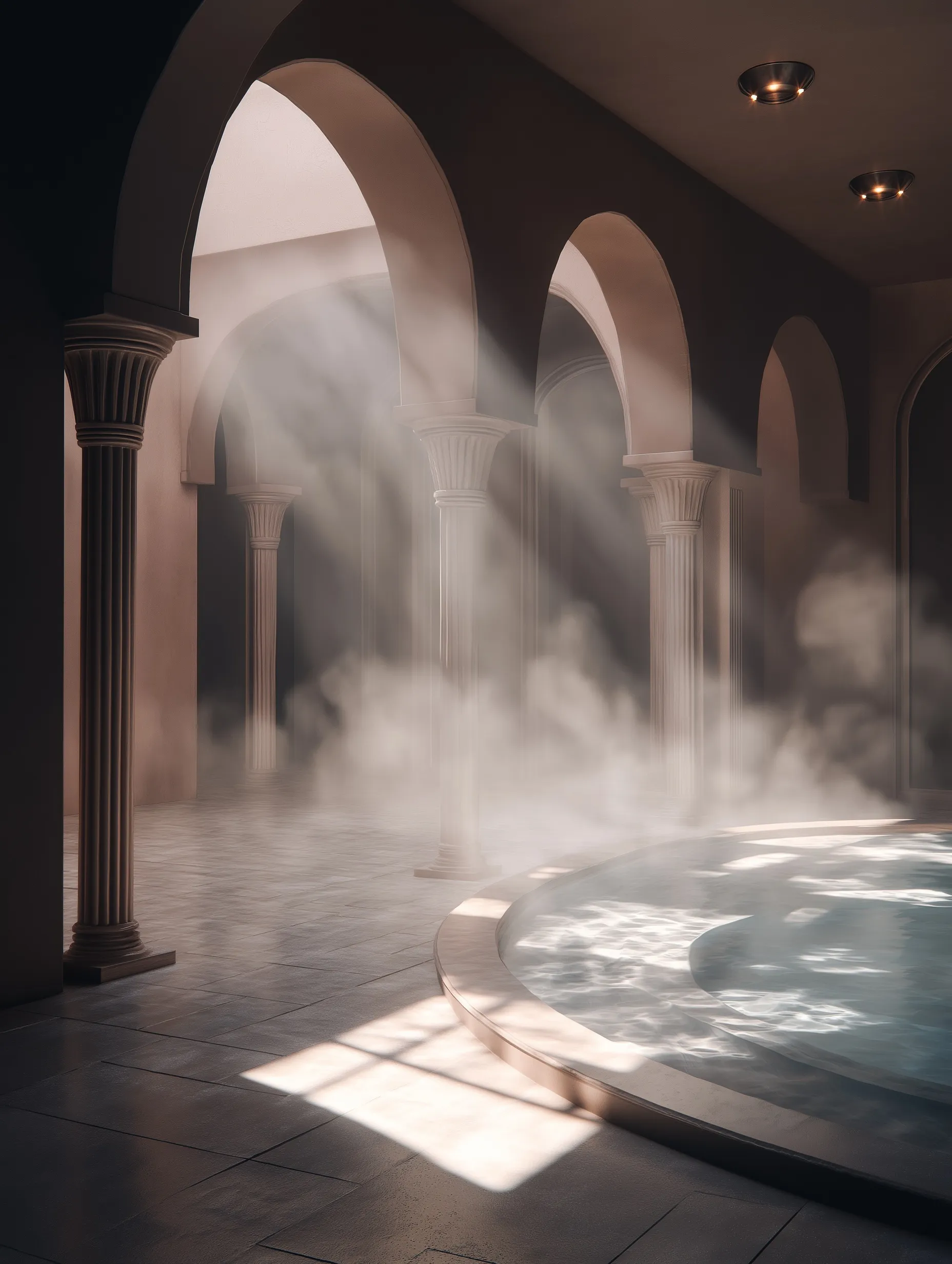 Luxurious indoor spa pool in an Italian resort with natural sunlight, rising steam, and elegant neutral tones.